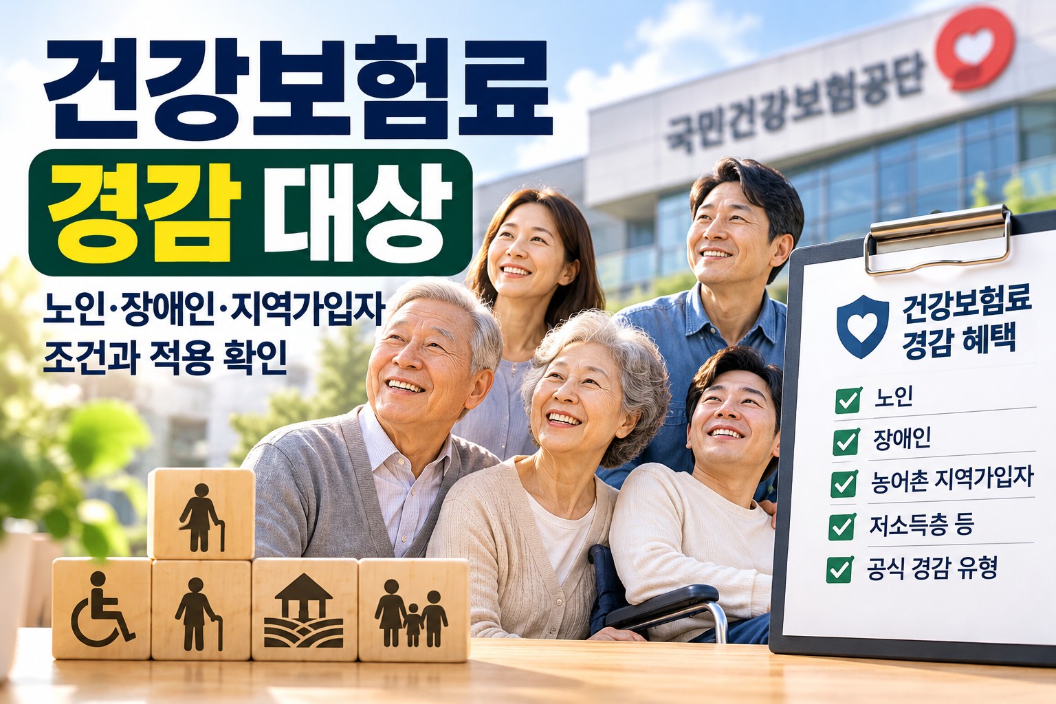 건강보험료 경감 대상인 노인·장애인·지역가입자 등의 적용 조건과 경감 혜택을 안내하는 이미지