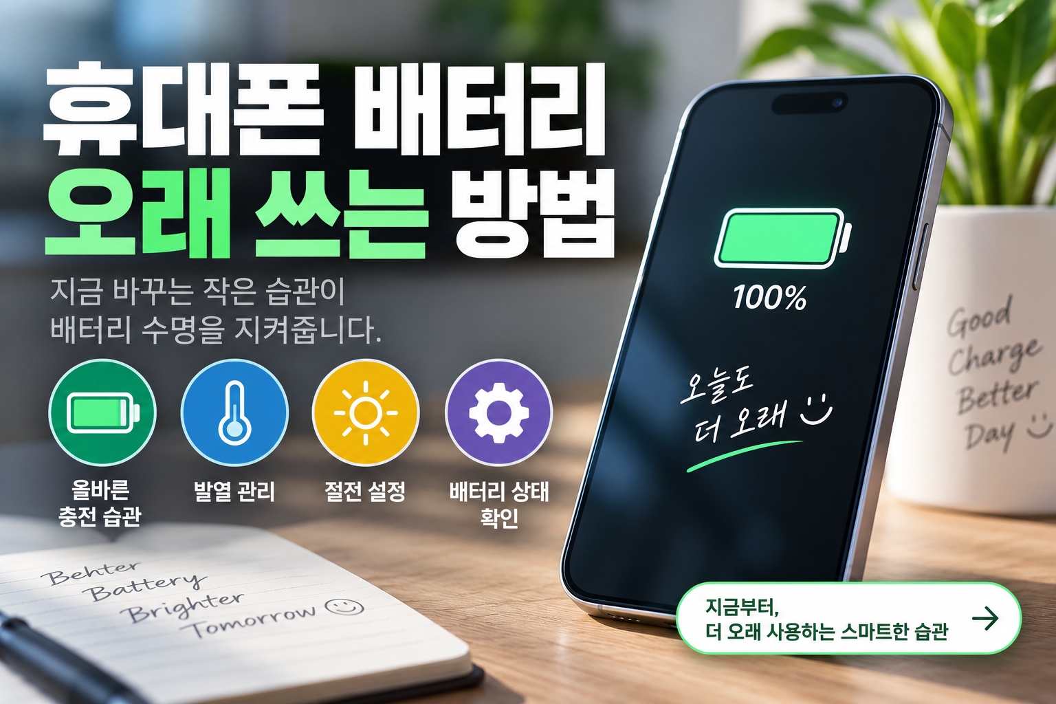 휴대폰 배터리 오래 쓰는 방법을 보여주는 충전 및 절전 설정 일러스트