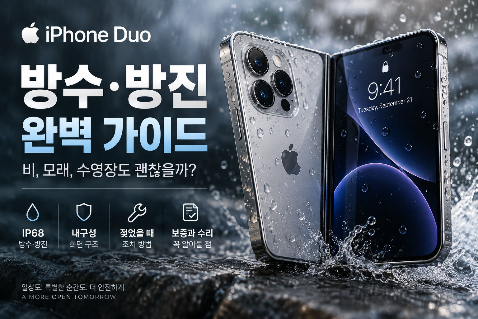 아이폰 듀오 방수·방진과 접히는 내부 화면 관리 장면