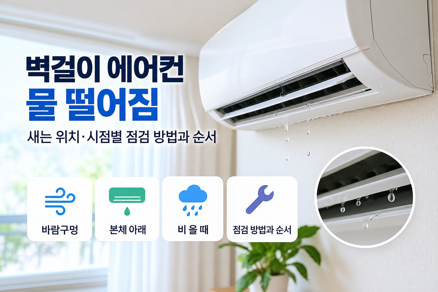 벽걸이 에어컨 물 떨어짐 증상과 새는 위치·시점별 점검 방법 및 순서를 안내하는 대표 이미지