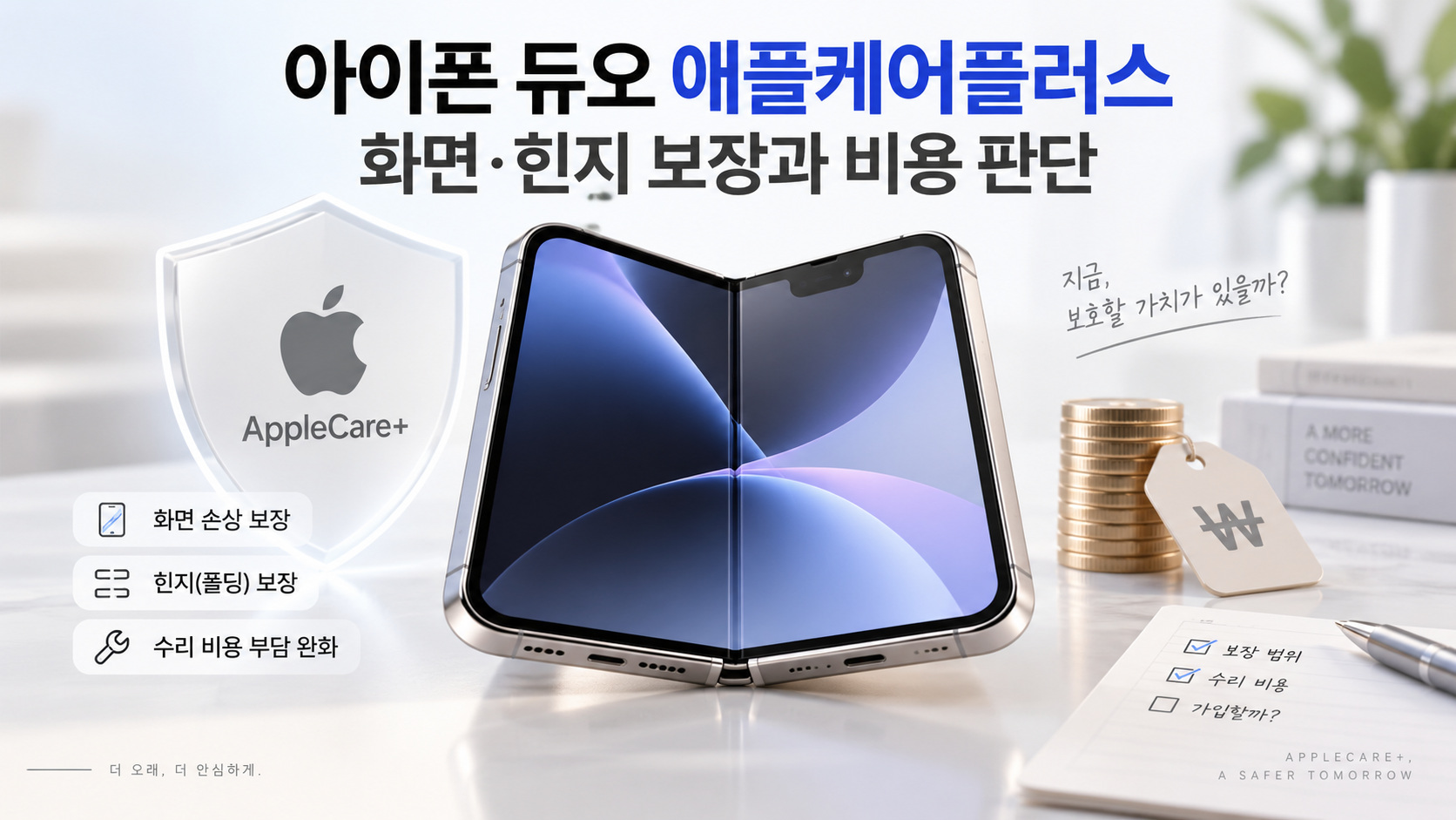 아이폰 듀오 애플케어플러스 가입 전 화면과 힌지 보장 및 비용을 비교하는 모습