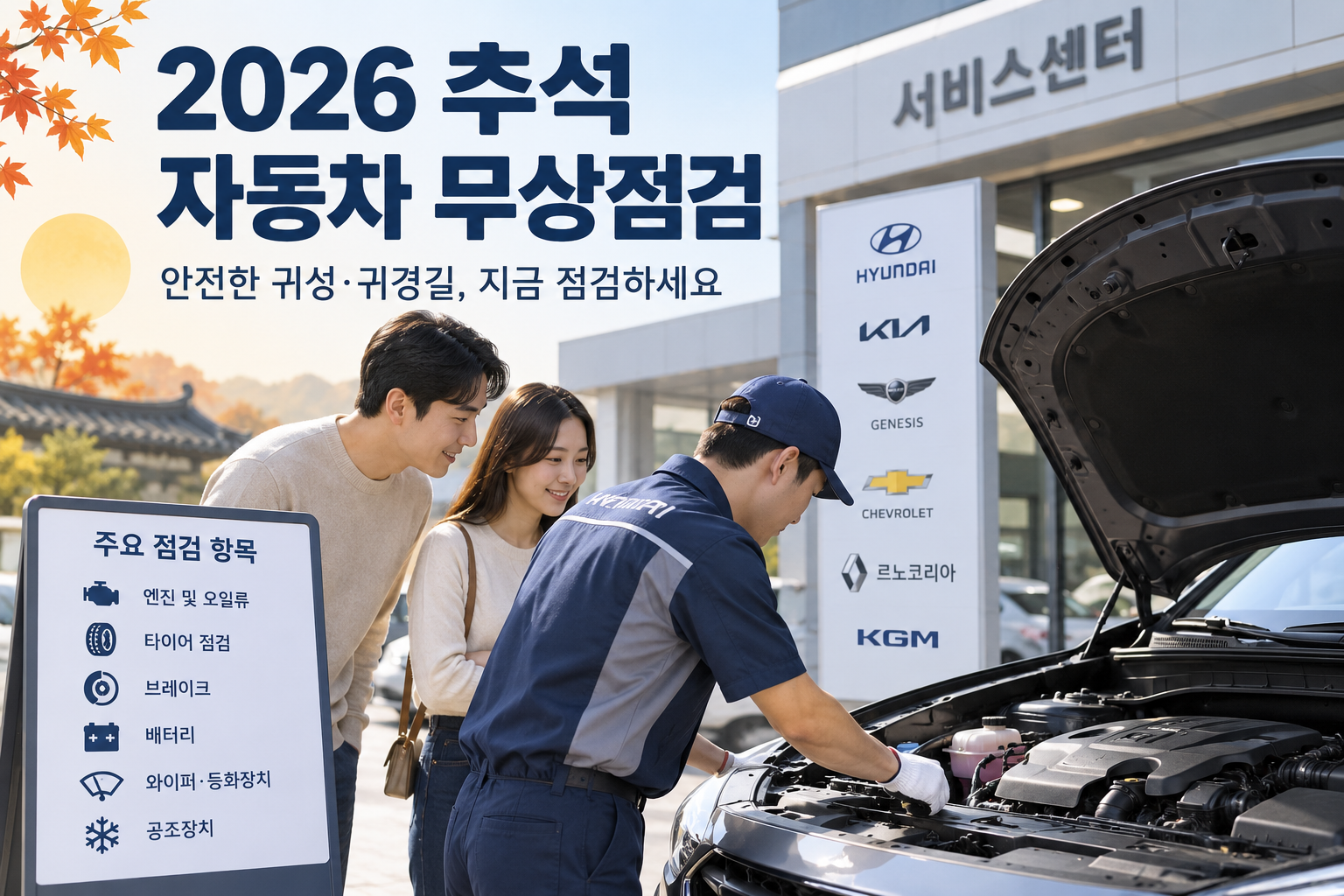 추석 자동차 무상점검 전 차량 점검 항목을 확인하는 모습