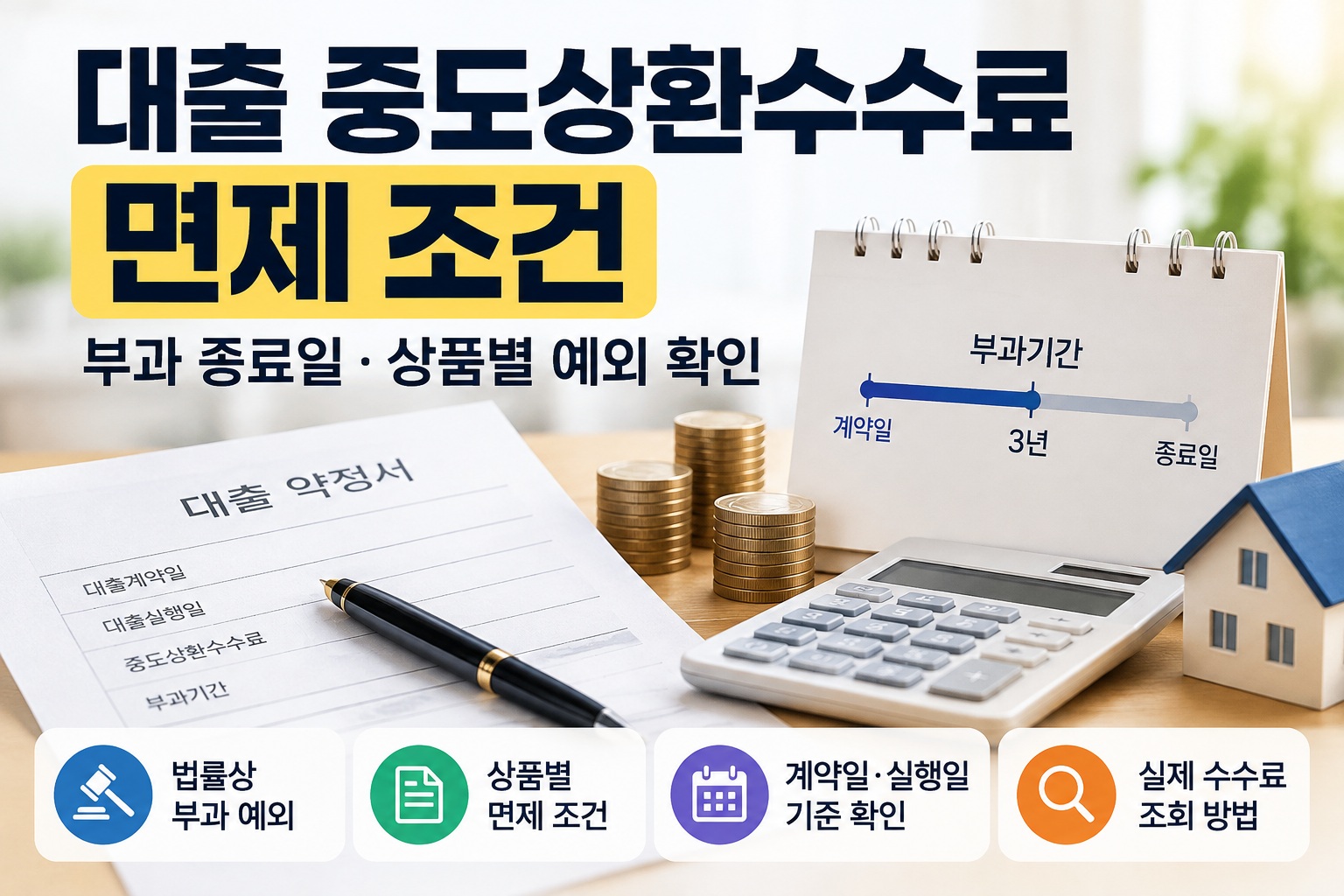 대출 중도상환수수료 면제 조건과 부과 종료일, 상품별 예외 및 계약일 확인 방법을 안내하는 이미지