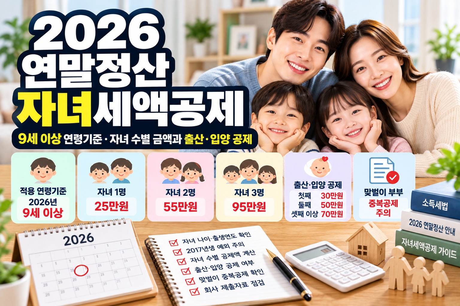 2026 연말정산 자녀세액공제｜9세 이상 연령기준과 자녀 1명·2명·3명별 공제금액, 출산·입양 추가공제 및 맞벌이 중복공제 안내