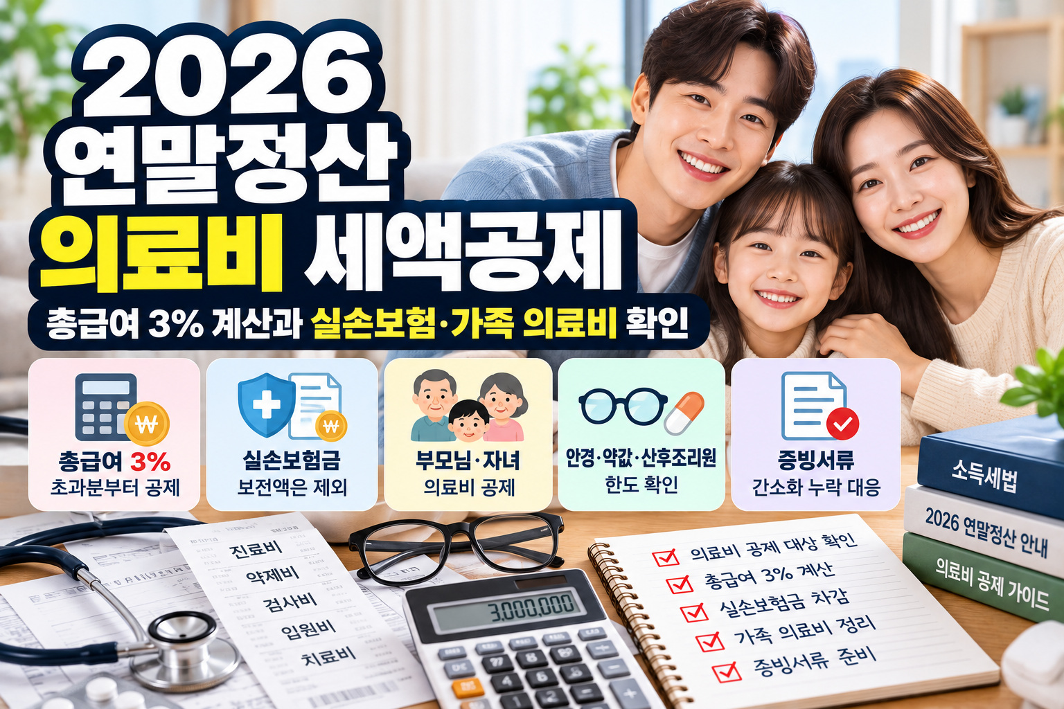 2026 연말정산 의료비 세액공제｜총급여 3% 초과 기준과 실손보험금 차감, 부모님·자녀 의료비 공제 및 증빙서류 안내