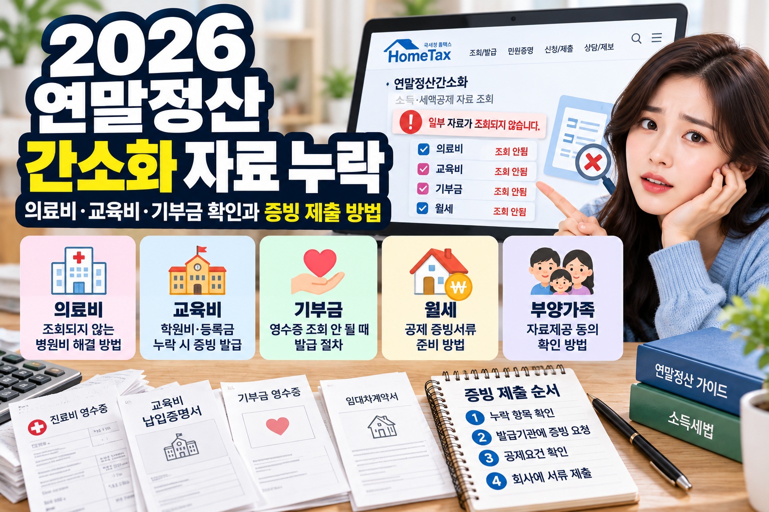 2026 연말정산 간소화 자료 누락 해결｜홈택스 의료비·교육비·기부금 조회 오류 확인과 증빙서류 발급 및 회사 제출 방법