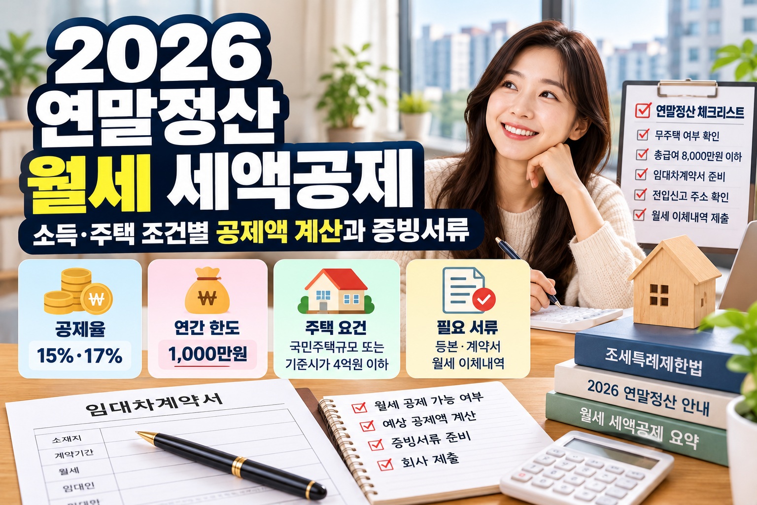 2026 연말정산 월세 세액공제｜소득·주택 조건별 공제액 계산과 15%·17% 공제율, 임대차계약서 및 증빙서류 안내
