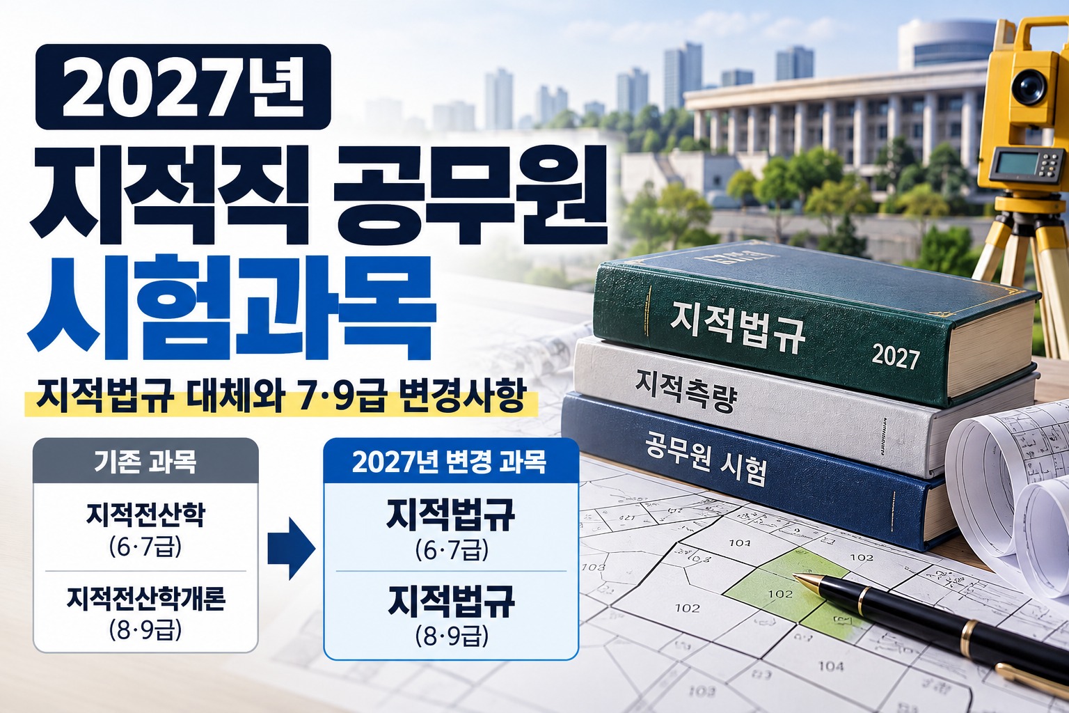 2027 지적직 공무원 시험과목 변경 안내, 6·7급 지적전산학과 8·9급 지적전산학개론이 지적법규로 대체되는 내용 비교