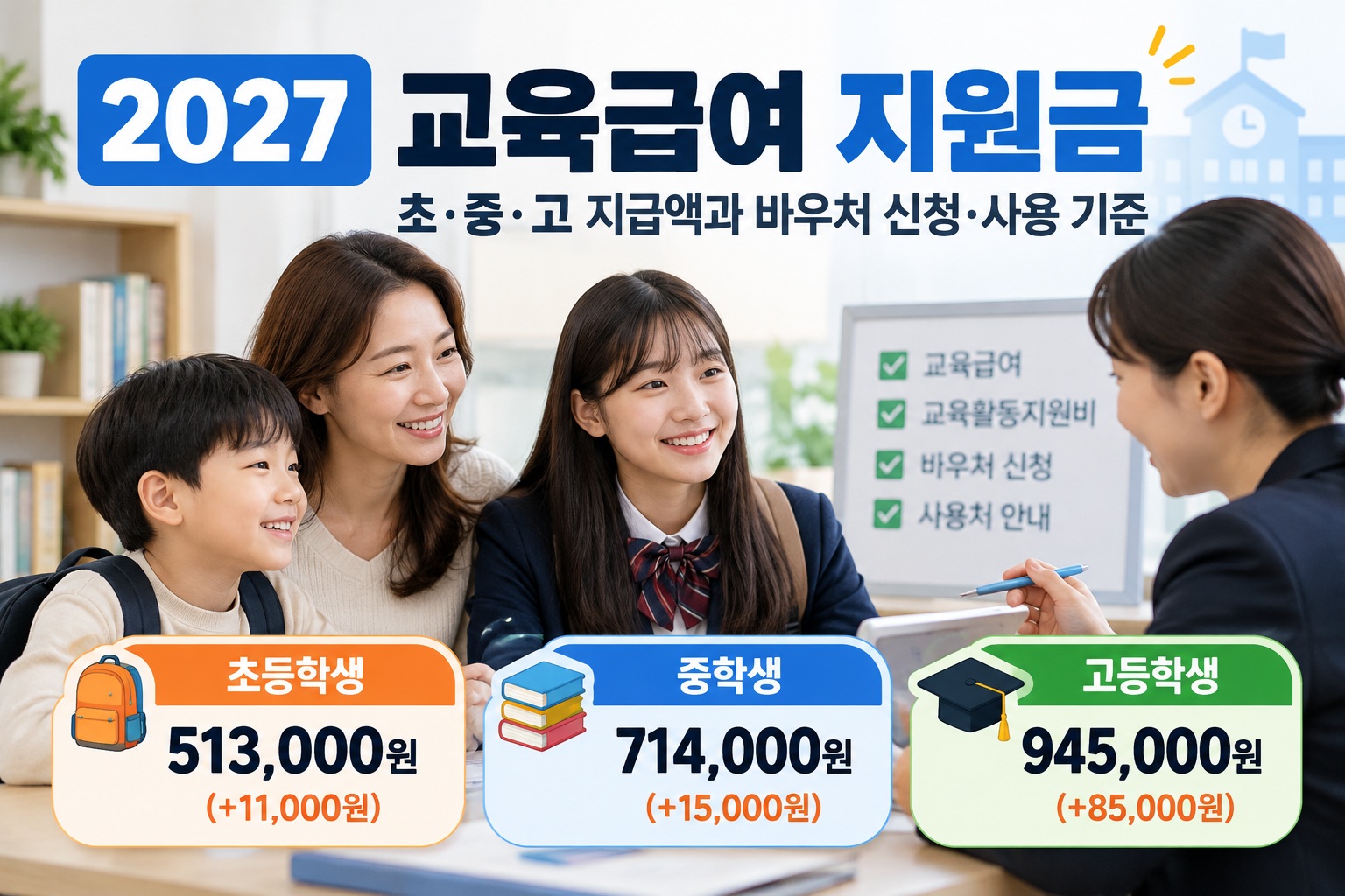 2027 교육급여 지원금 안내｜초등학생 연 513,000원, 중학생 연 714,000원, 고등학생 연 945,000원의 교육활동지원비와 바우처 신청·사용 기준을 설명하는 한국인 가족의 교육급여 상담 이미지