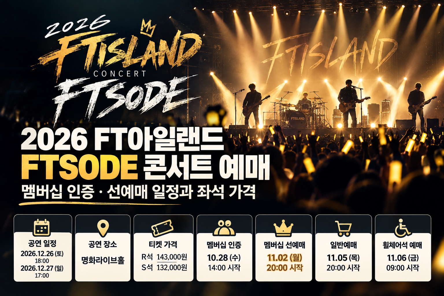 2026 FT아일랜드 FTSODE 콘서트 예매 안내, 멤버십 인증과 선예매·일반예매 일정, R석·S석 티켓 가격 및 공연 일정