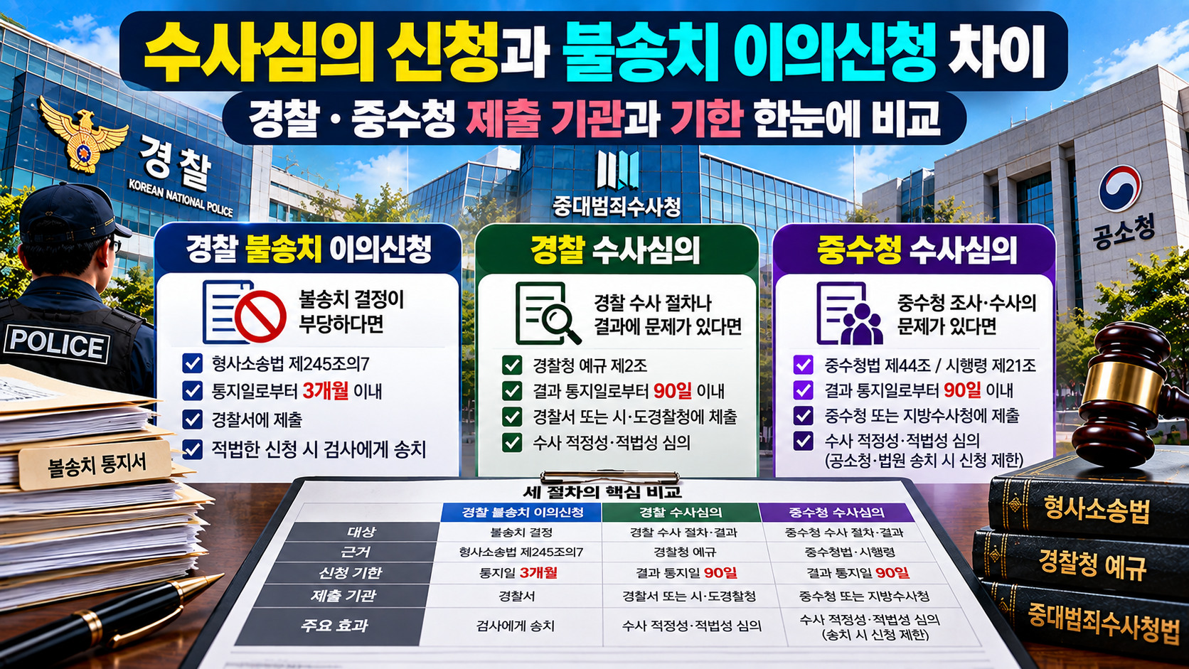 수사심의 신청과 불송치 이의신청 차이 및 경찰·중수청별 신청 자격, 기한, 제출 기관 비교 안내