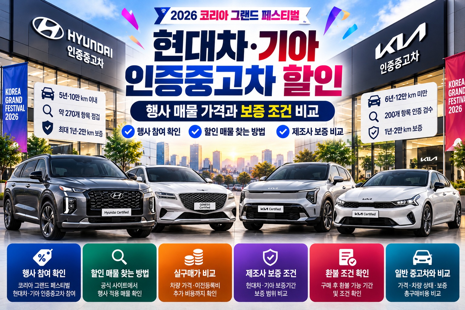 2026 현대차·기아 인증중고차 할인 안내, 코리아 그랜드 페스티벌 행사 매물 가격과 실구매가, 제조사 보증기간 및 환불 조건 비교