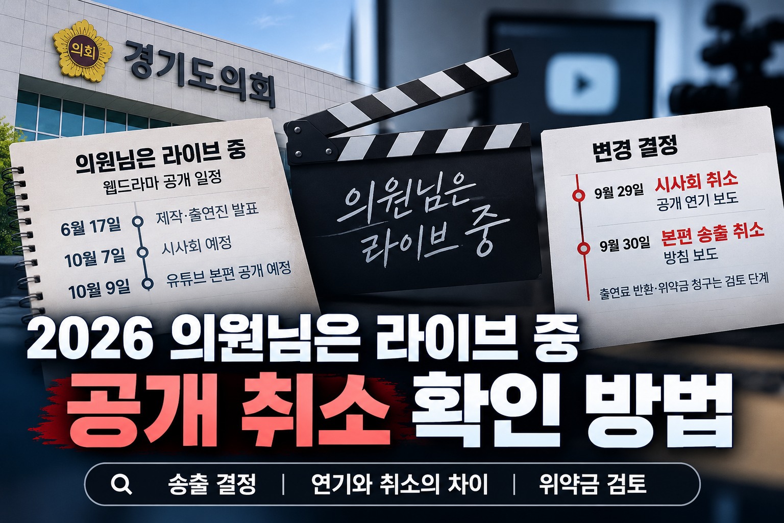 2026 의원님은 라이브 중 웹드라마 공개 취소 확인 방법, 경기도의회 제작·시사회 일정과 본편 송출 취소 결정 및 위약금 검토 현황