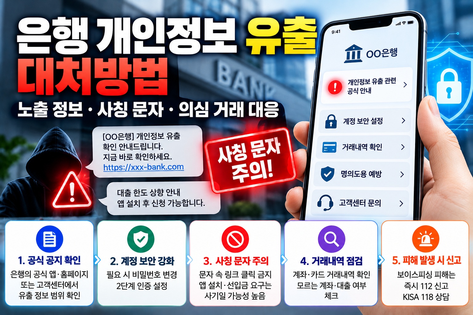 은행 개인정보 유출 대처방법과 노출 정보 확인·사칭 문자 주의·의심 거래 대응·피해 신고 절차 안내