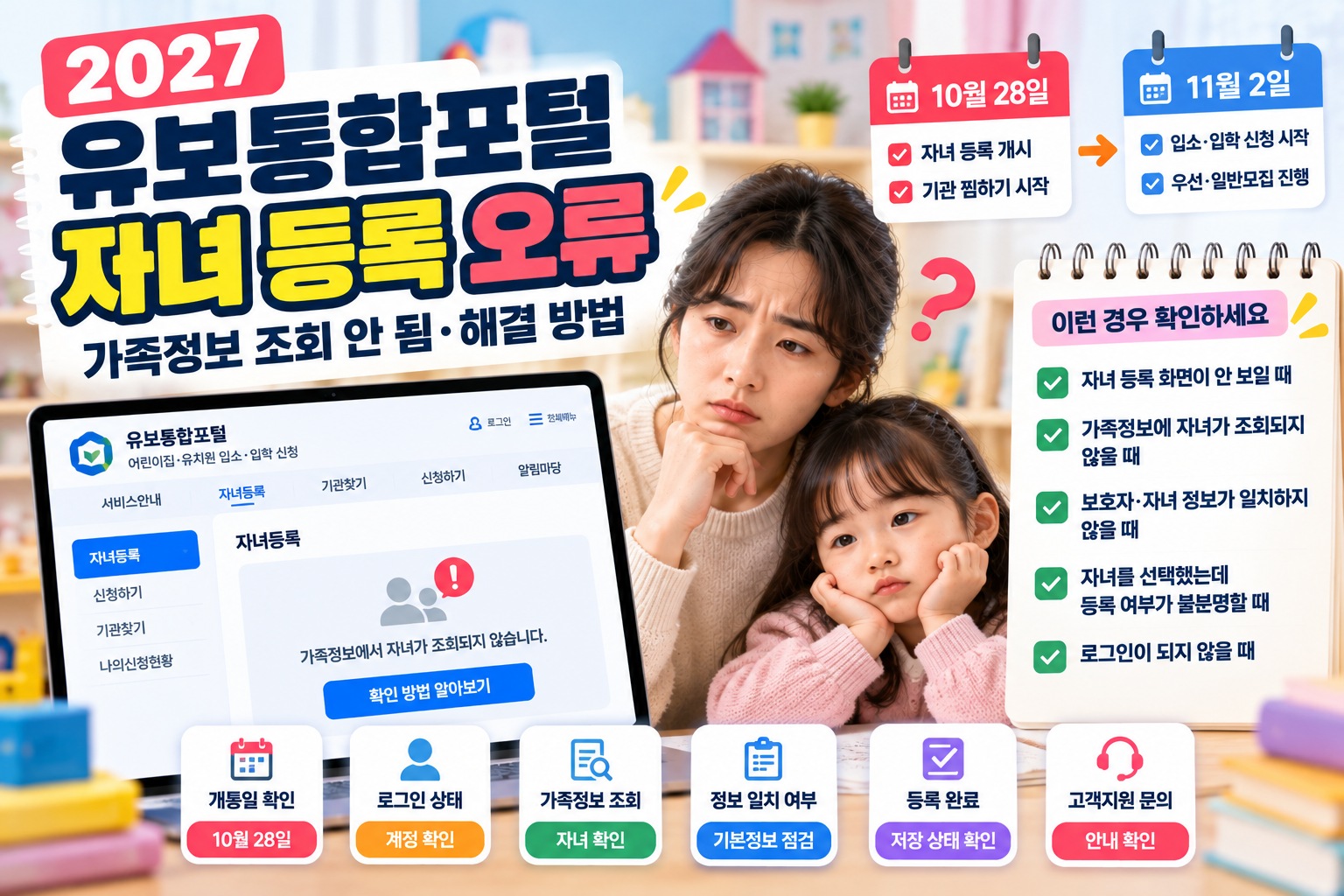 2027 유보통합포털 자녀 등록 오류 해결 안내, 가족정보 조회 안 됨과 보호자·자녀 정보 불일치, 등록 상태 확인 및 고객지원 문의 방법