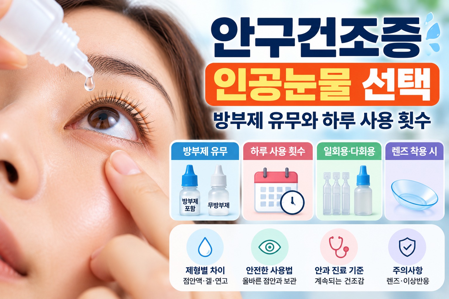 안구건조증 인공눈물 선택 시 방부제 유무, 하루 사용 횟수, 일회용·다회용 차이와 콘택트렌즈 착용 시 주의사항을 안내하는 이미지
