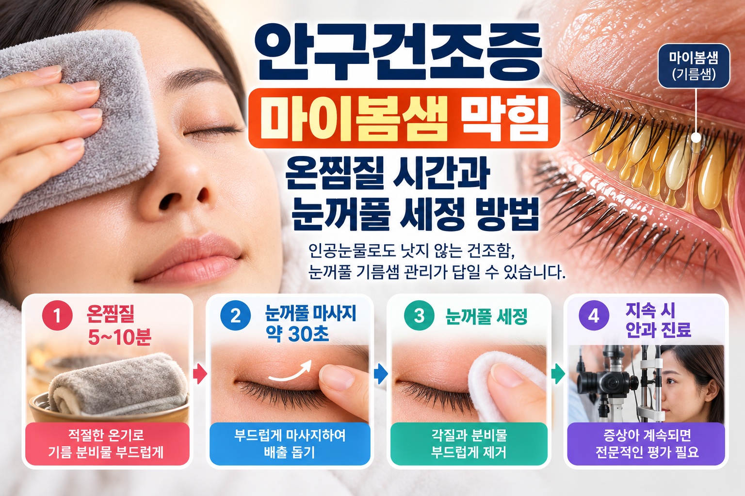 안구건조증과 마이봄샘 기름샘 막힘을 설명하고 온찜질 5~10분, 부드러운 눈꺼풀 마사지, 눈꺼풀 세정 및 안과 진료 기준을 안내하는 이미지