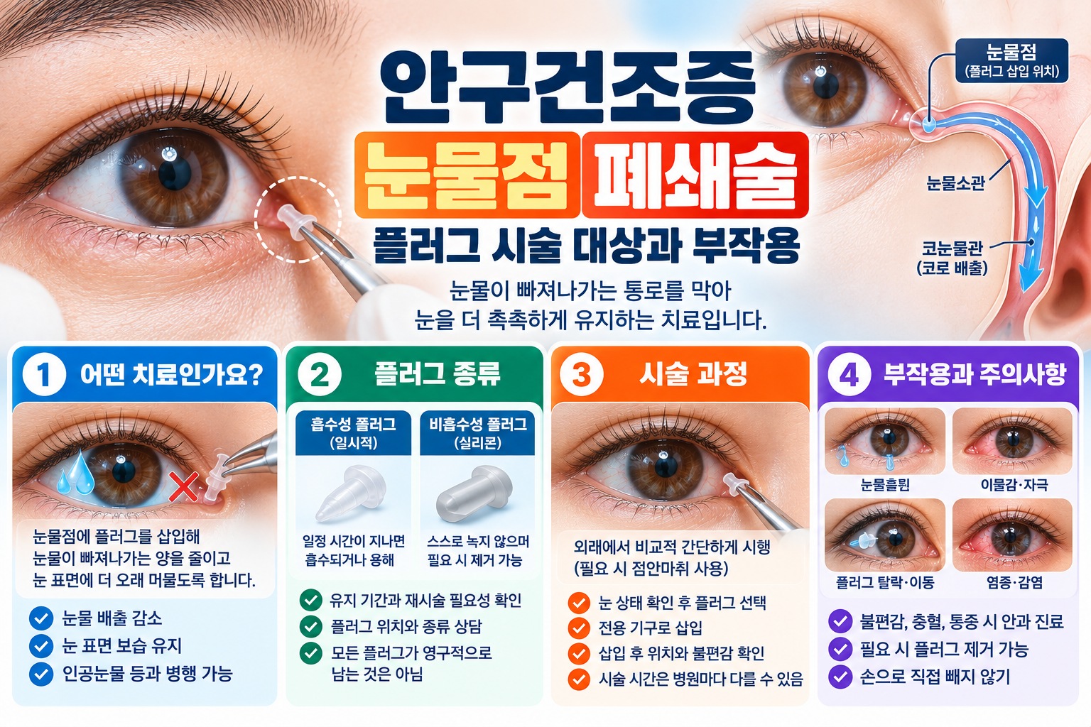 안구건조증 눈물점 폐쇄술의 원리와 눈물점 플러그 삽입 위치, 흡수성·비흡수성 플러그 종류, 시술 과정 및 눈물흘림·이물감·플러그 탈락·감염 등 부작용을 설명하는 의료정보 이미지