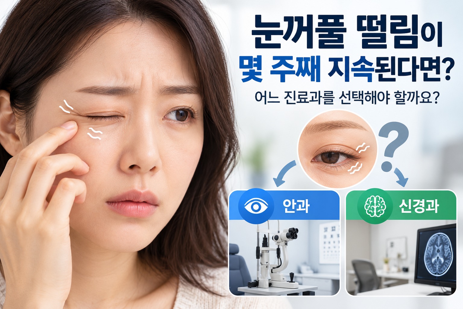 눈꺼풀 떨림이 몇 주째 지속될 때 안과와 신경과 진료 선택을 안내하는 의료정보 이미지