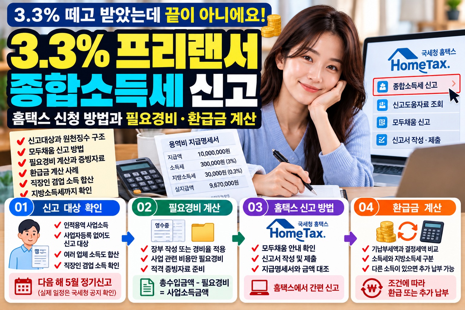 3.3% 프리랜서 종합소득세 신고｜홈택스 모두채움 신고 방법과 필요경비 계산, 원천징수세액 확인 및 환급금·추가 납부 판단 안내