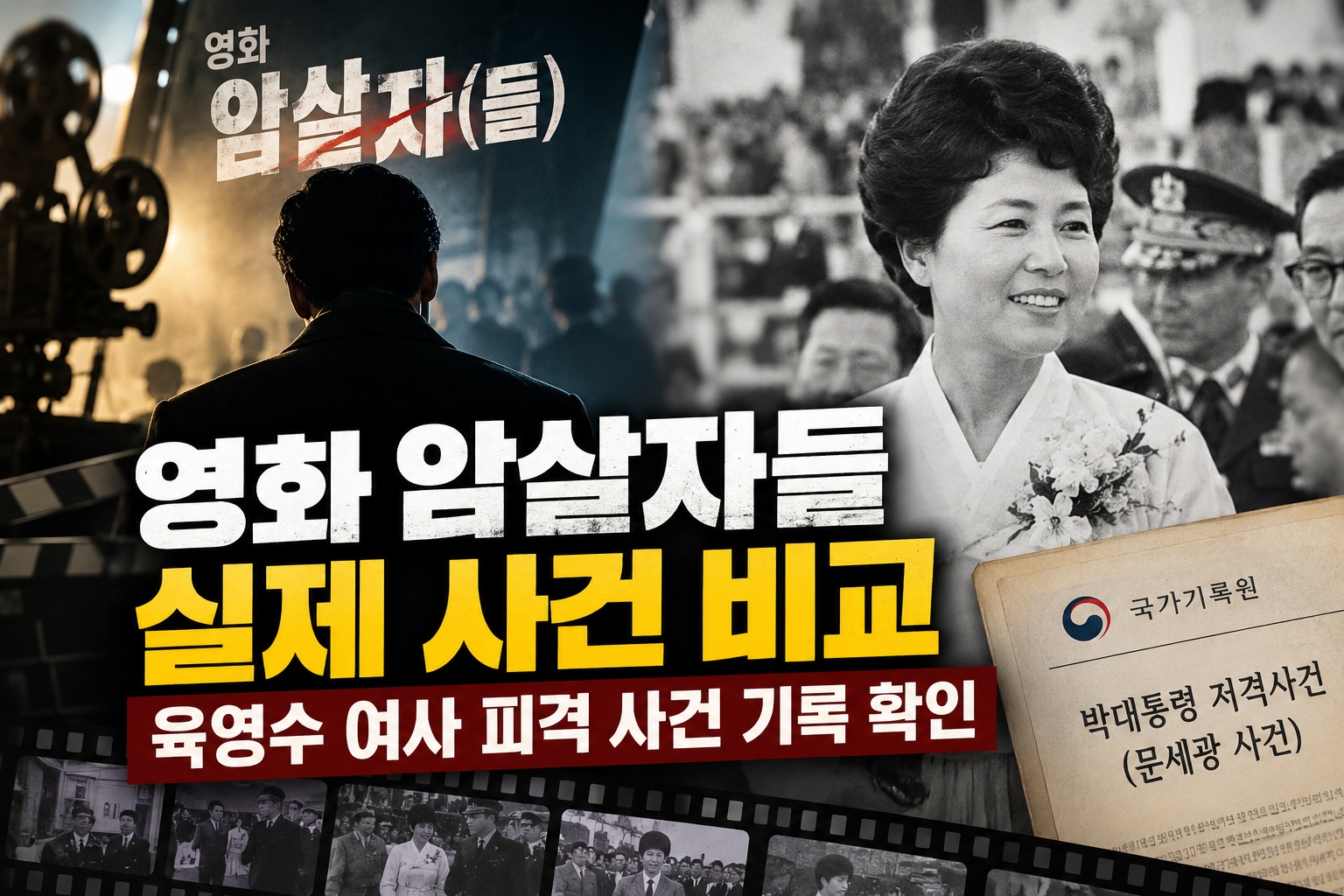 영화 암살자들 실제 사건 비교와 1974년 육영수 여사 피격 사건 기록을 대비한 이미지