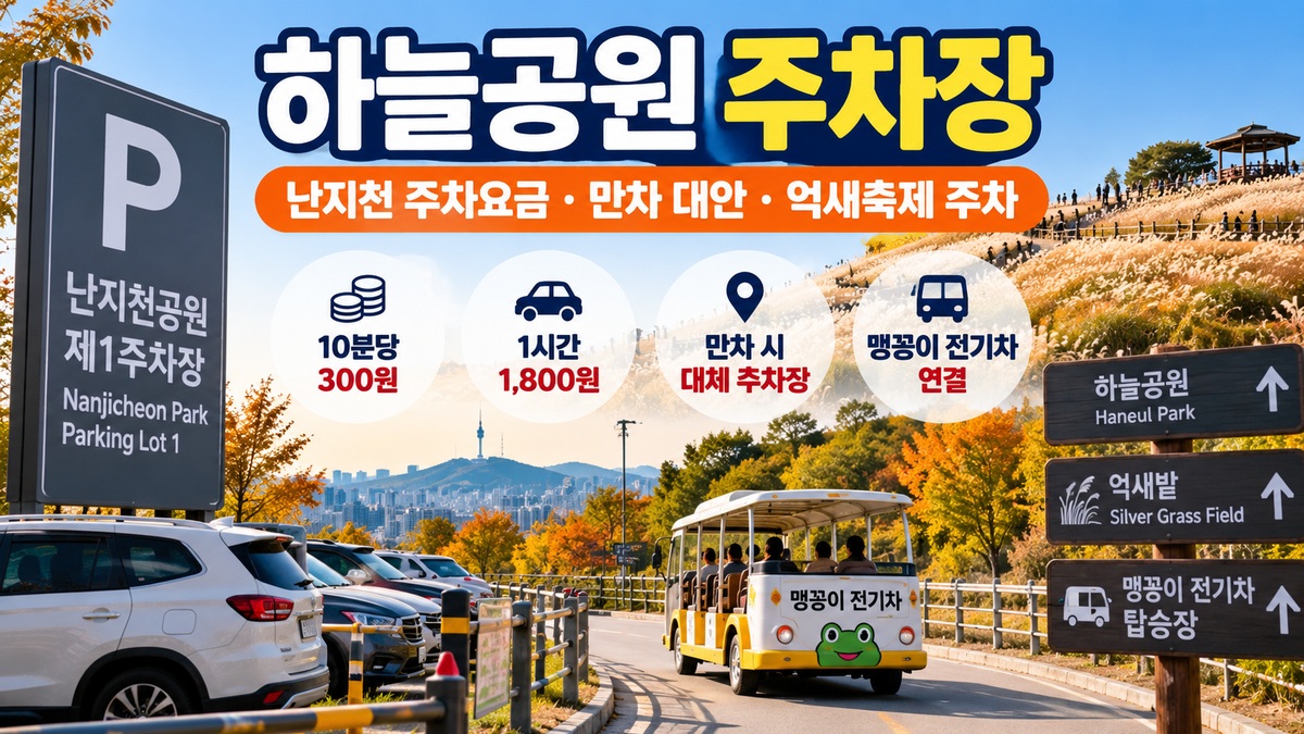 하늘공원 주차장과 난지천공원 제1주차장 전경, 10분당 300원 주차요금·만차 시 대체 주차장·맹꽁이 전기차 이용 안내