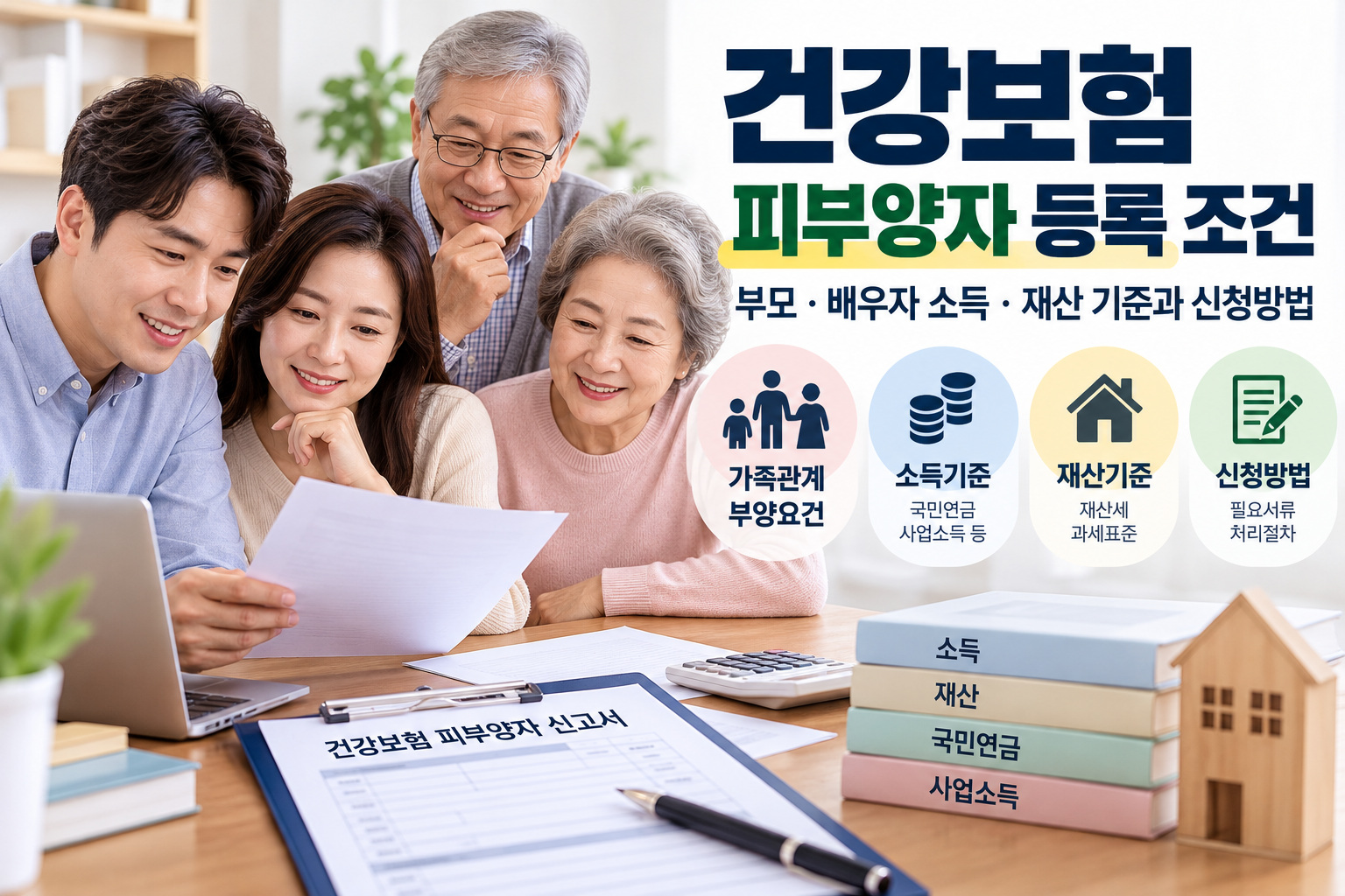 건강보험 피부양자 등록 조건을 확인하기 위해 가족이 부모·배우자의 소득·재산 기준과 국민연금, 신청방법을 살펴보는 모습
