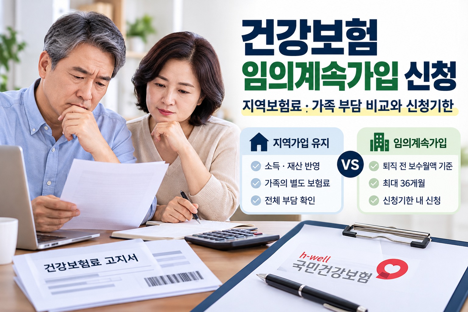 건강보험 임의계속가입 신청 전 퇴직자 부부가 지역보험료와 가족 전체 부담을 비교하고 신청기한을 확인하는 모습