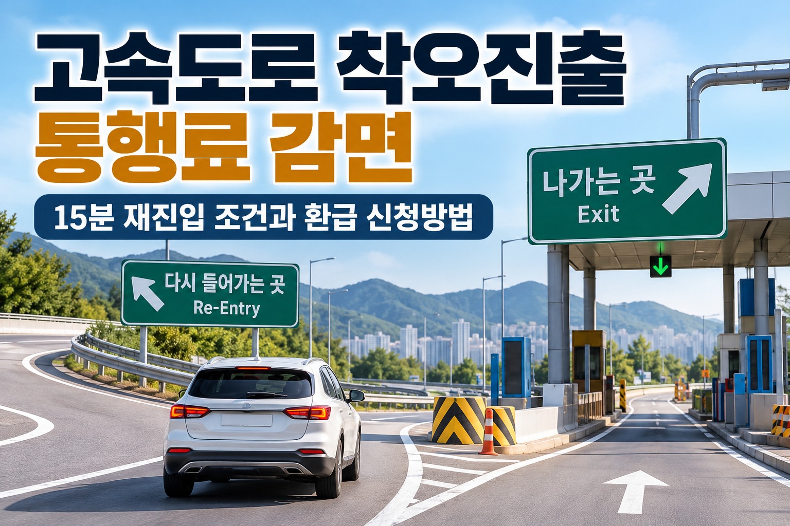 고속도로 착오진출 통행료 감면 안내 이미지. 고속도로 요금소와 진출·재진입 도로를 배경으로 15분 이내 재진입 조건 및 환급 신청방법을 안내