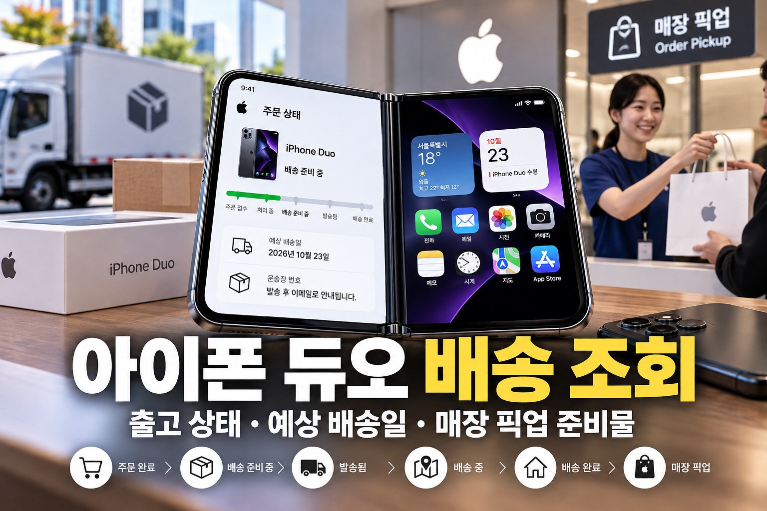 아이폰 듀오 배송 조회 안내 이미지, 주문 상태와 예상 배송일을 보여주는 폴더블 아이폰, 택배 배송 차량 및 Apple Store 매장 픽업 장면