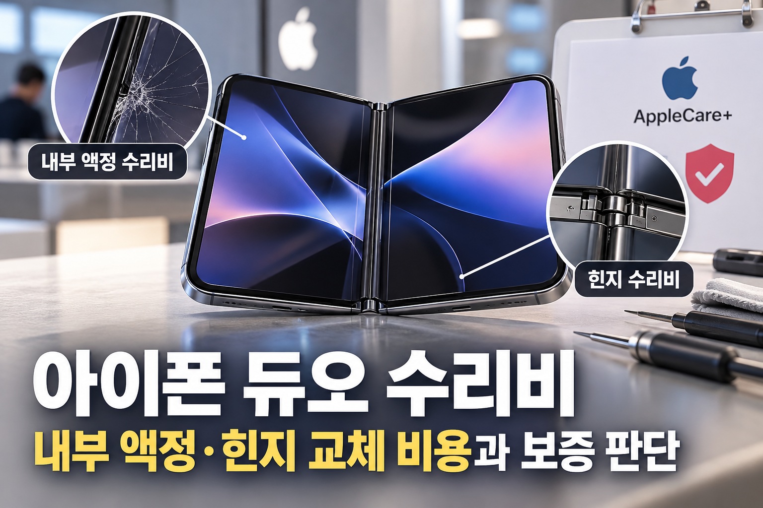 아이폰 듀오 수리비 안내 이미지, 내부 액정 파손과 힌지 구조를 확대해 보여주며 액정·힌지 교체 비용 및 AppleCare+ 보증 판단을 설명