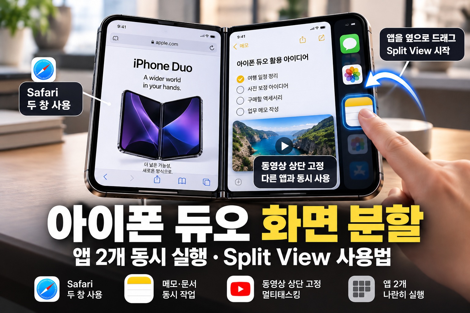 아이폰 듀오 화면 분할 사용법 안내 이미지, 펼친 폴더블 아이폰에서 Safari와 메모 앱을 나란히 실행하고 Split View 앱 드래그 및 동영상 멀티태스킹 기능을 보여주는 모습