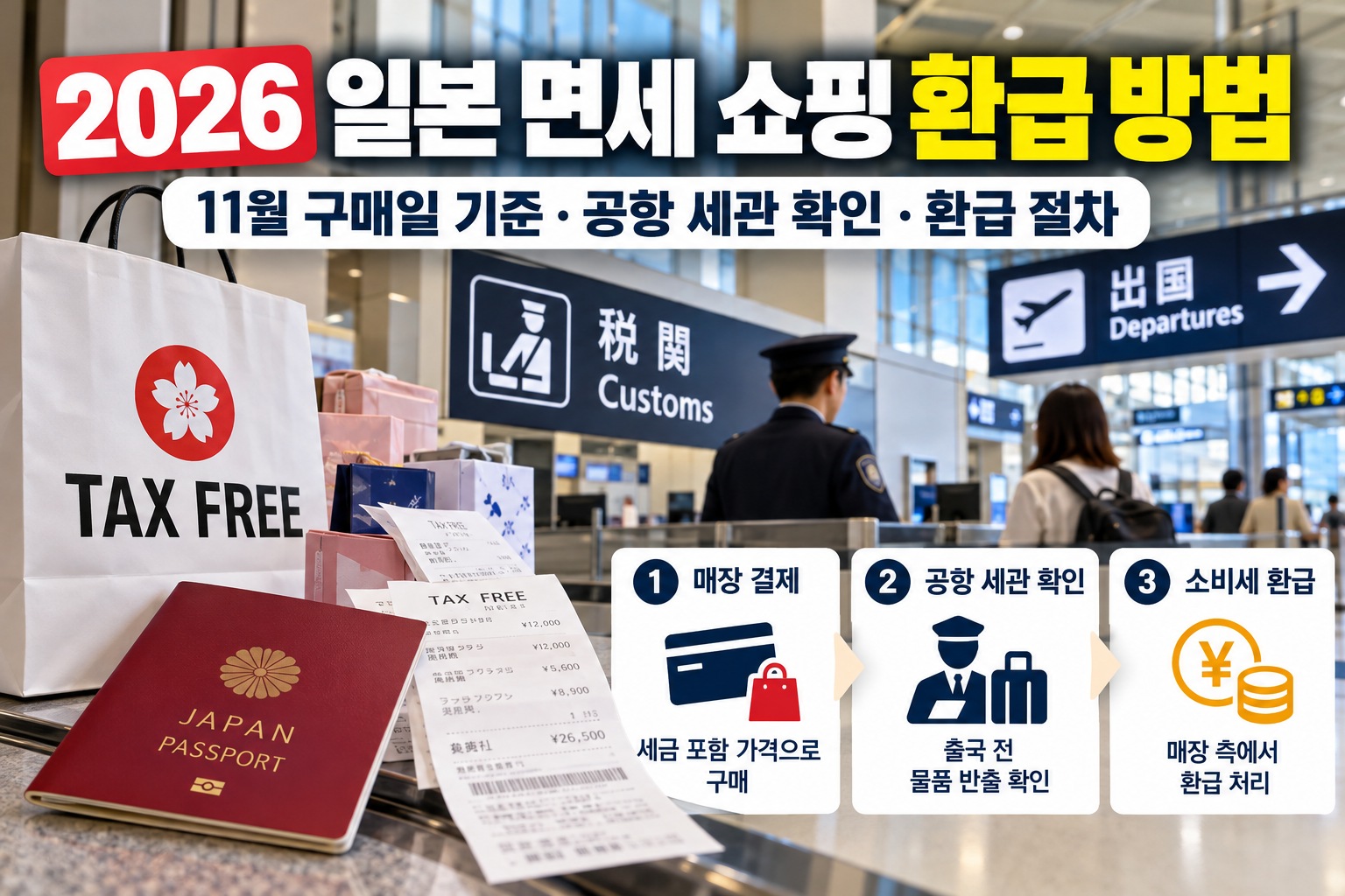 2026 일본 면세 쇼핑 환급 방법 안내, 일본 공항 세관 확인 장면과 TAX FREE 쇼핑백, 여권, 영수증 및 매장 결제부터 소비세 환급까지 3단계 절차