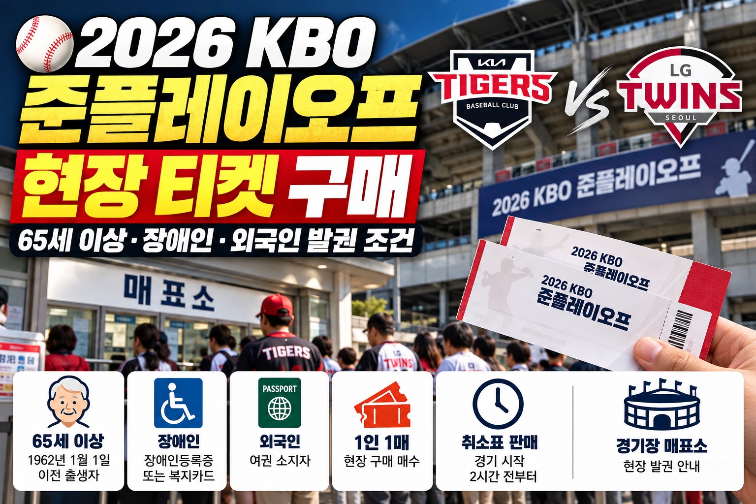 2026 KBO 준플레이오프 현장 티켓 구매 안내｜KIA·LG 경기장 매표소에서 65세 이상·장애인·외국인 발권 조건과 증빙서류, 1인 1매 및 취소표 판매 안내