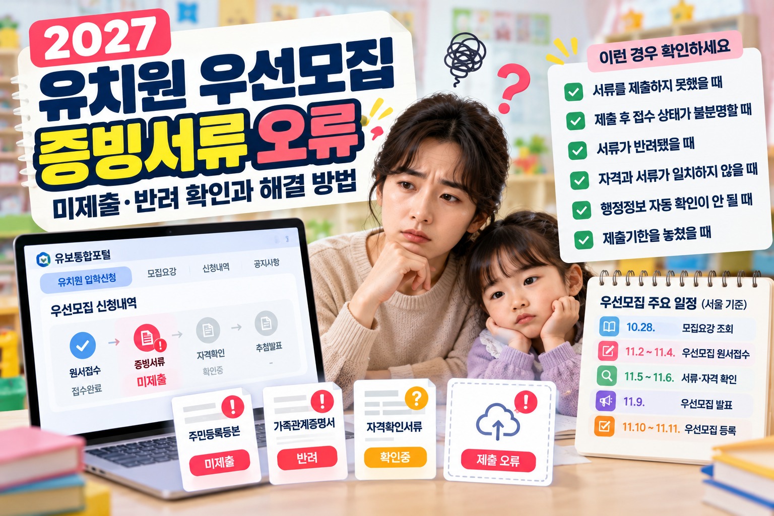 2027 유치원 우선모집 증빙서류 오류 안내, 서류 미제출·반려·자격 확인 문제와 유보통합포털 제출 상태 확인 및 해결 방법
