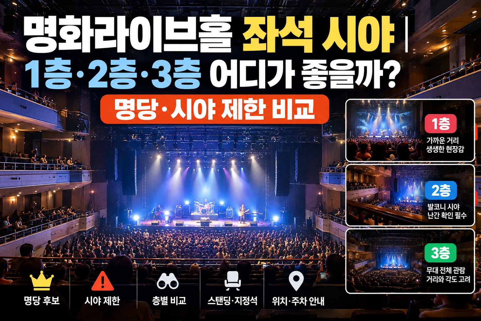 명화라이브홀 좌석 시야 비교, 1층·2층·3층 객석별 명당 후보와 발코니 난간 등 시야 제한, 좋은 자리 선택 기준 안내
