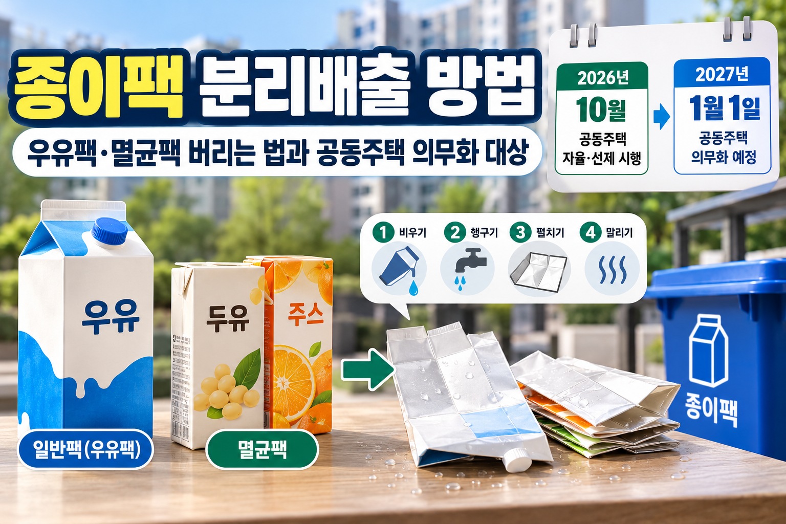 종이팩 분리배출 방법 안내 이미지로, 우유팩과 멸균팩 구분, 비우기·헹구기·펼치기·말리기 4단계, 2026년 10월 공동주택 선제 시행과 2027년 1월 1일 의무화 예정 일정을 설명