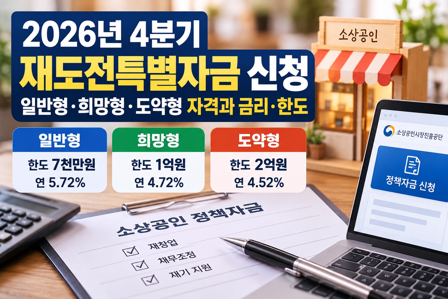 2026년 4분기 재도전특별자금 신청 안내, 소상공인 정책대출 일반형·희망형·도약형 자격조건과 금리 및 대출한도 비교