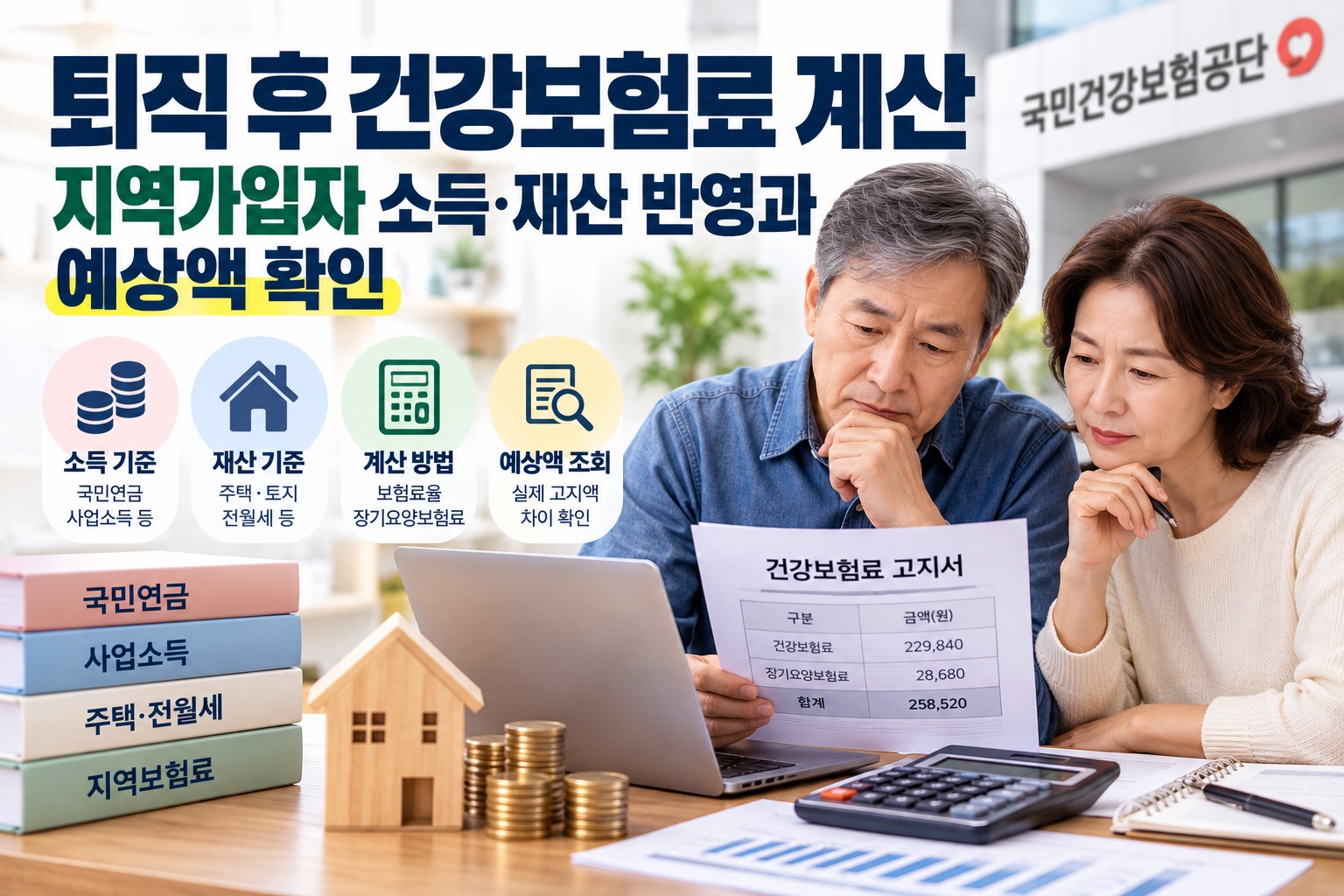 퇴직 후 건강보험료 계산을 위해 중장년 부부가 지역가입자의 국민연금·사업소득·주택 재산 기준과 예상 보험료 고지액을 확인하는 모습
