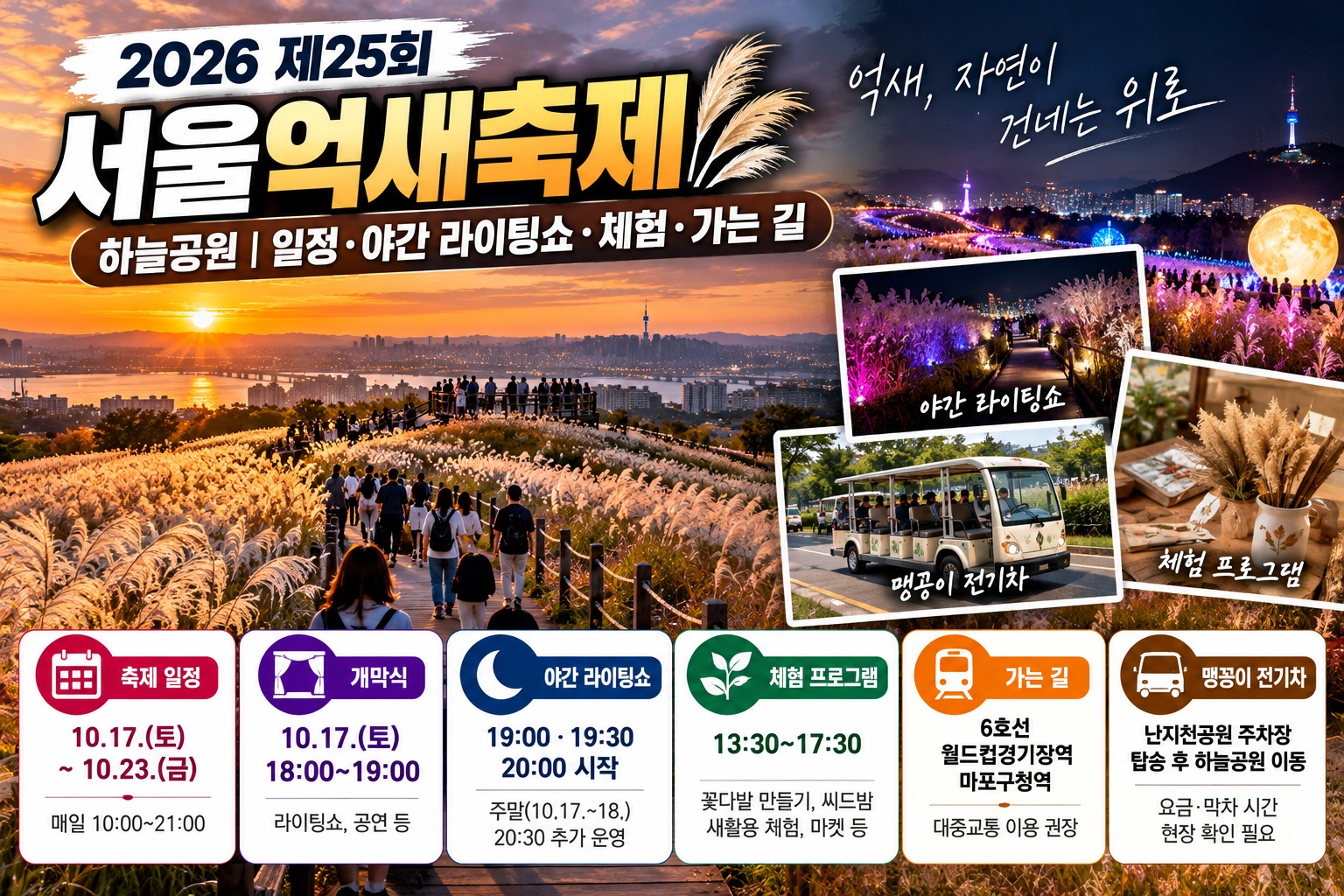 2026 서울억새축제 하늘공원 황금빛 억새밭과 야간 라이팅쇼, 10월 17~23일 축제 일정·체험 프로그램·맹꽁이 전기차 및 대중교통 안내