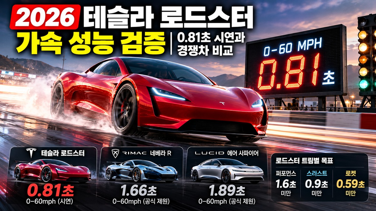 2026 테슬라 로드스터 가속 성능 검증, 0.81초 시연 기록과 리막 네베라 R·루시드 에어 사파이어의 가속 성능을 비교한 이미지