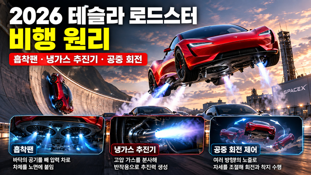 2026 테슬라 로드스터 비행 원리와 흡착팬·냉가스 추진기·공중 회전 기술을 설명하는 붉은색 스포츠카의 공중 비행 연출 이미지