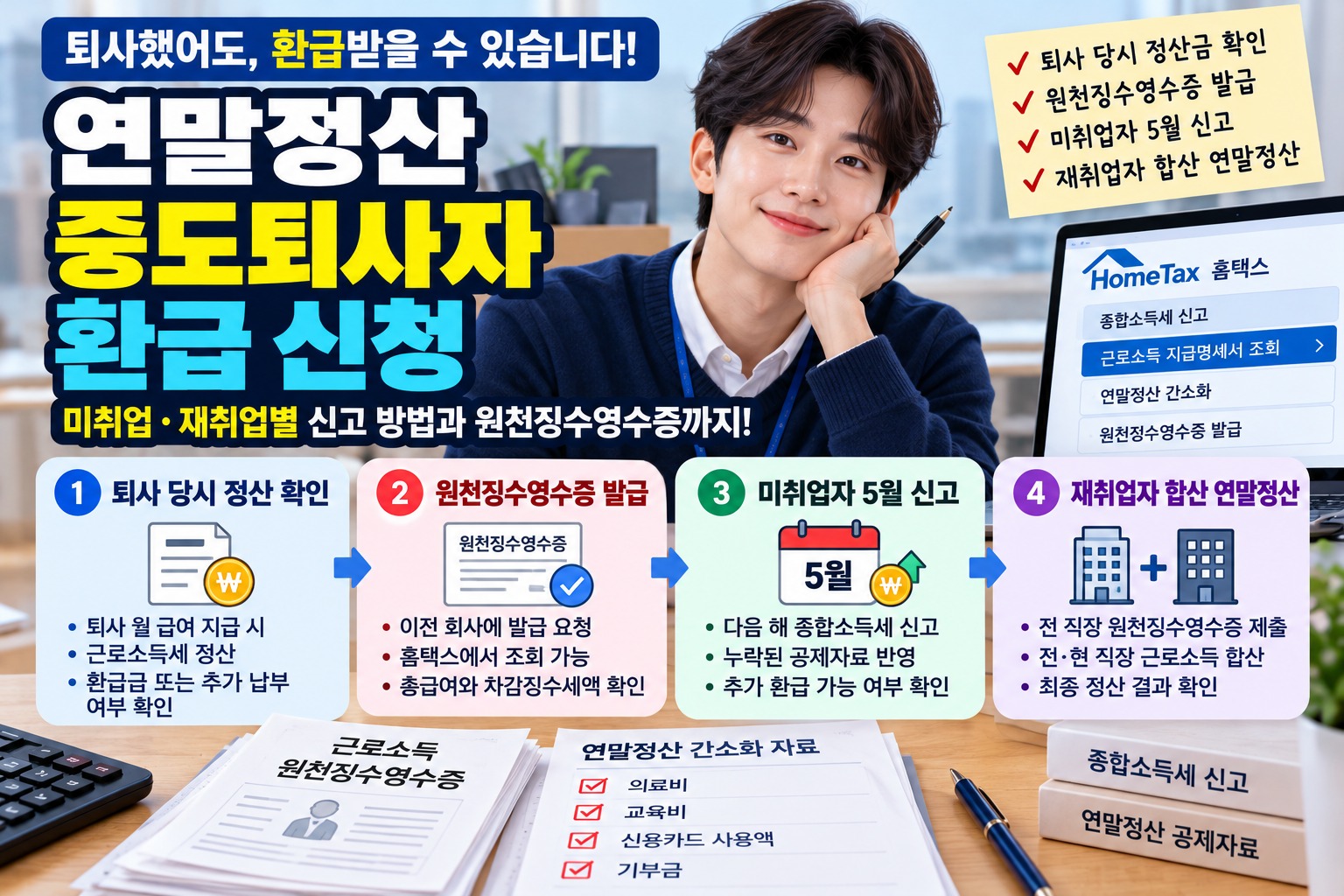 연말정산 중도퇴사자 환급 신청｜퇴사 당시 정산금 확인, 원천징수영수증 발급, 미취업자 5월 종합소득세 신고 및 재취업자 합산 연말정산 방법