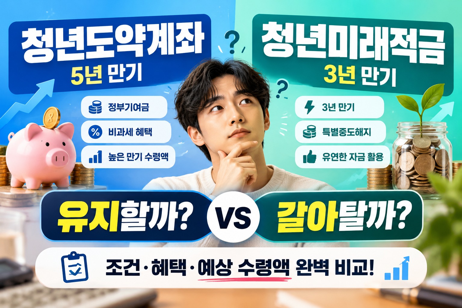 청년도약계좌 청년미래적금 비교, 5년·3년 만기와 정부기여금 및 예상 수령액을 비교해 유지와 갈아타기 중 유리한 선택을 판단하는 안내