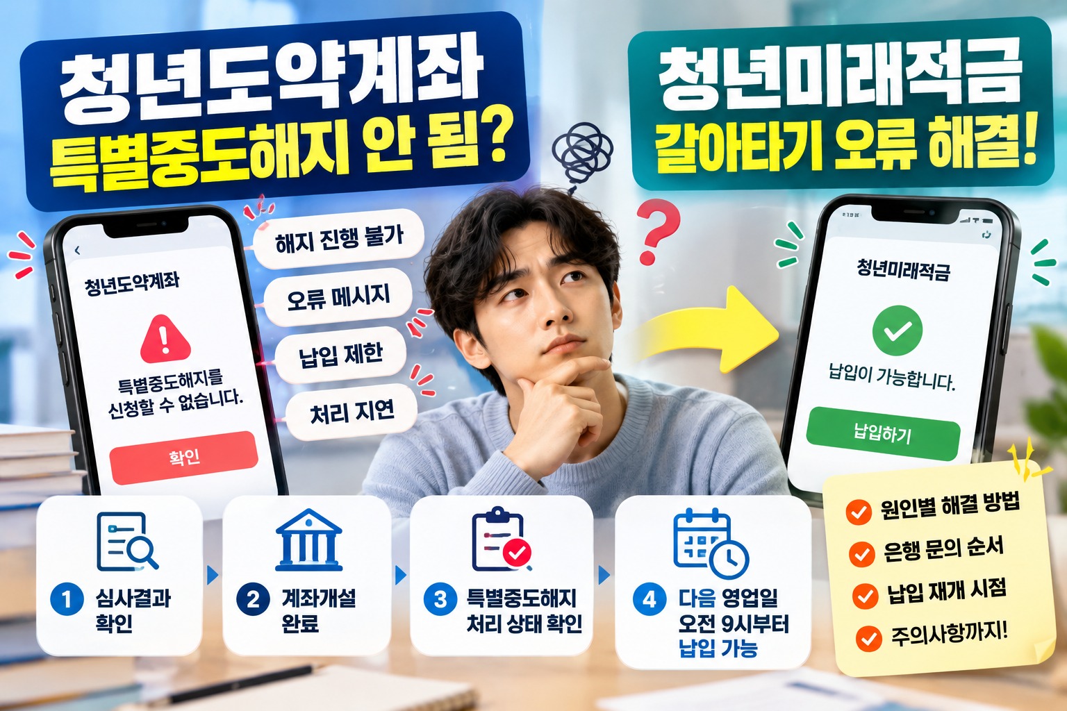 청년도약계좌 특별중도해지 안 됨 문제 해결, 청년미래적금 갈아타기 오류와 납입 제한 원인, 은행 문의 및 납입 재개 시점 안내