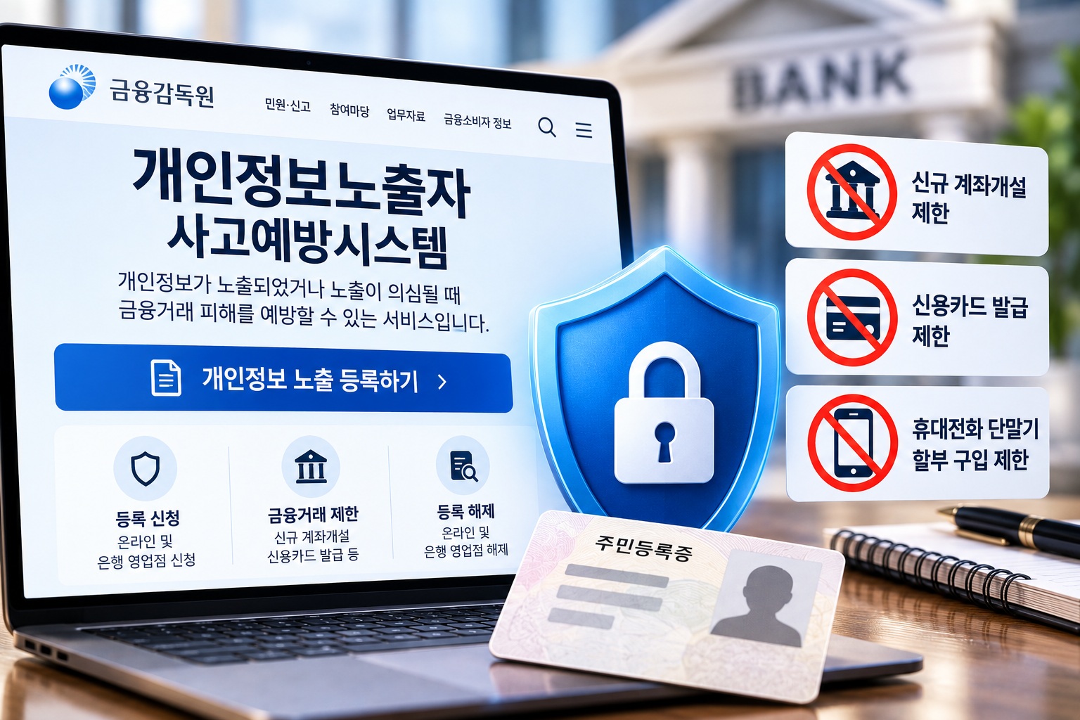 개인정보노출자 사고예방시스템 등록 화면과 주민등록증, 금융거래 제한을 나타내는 보안 방패 이미지