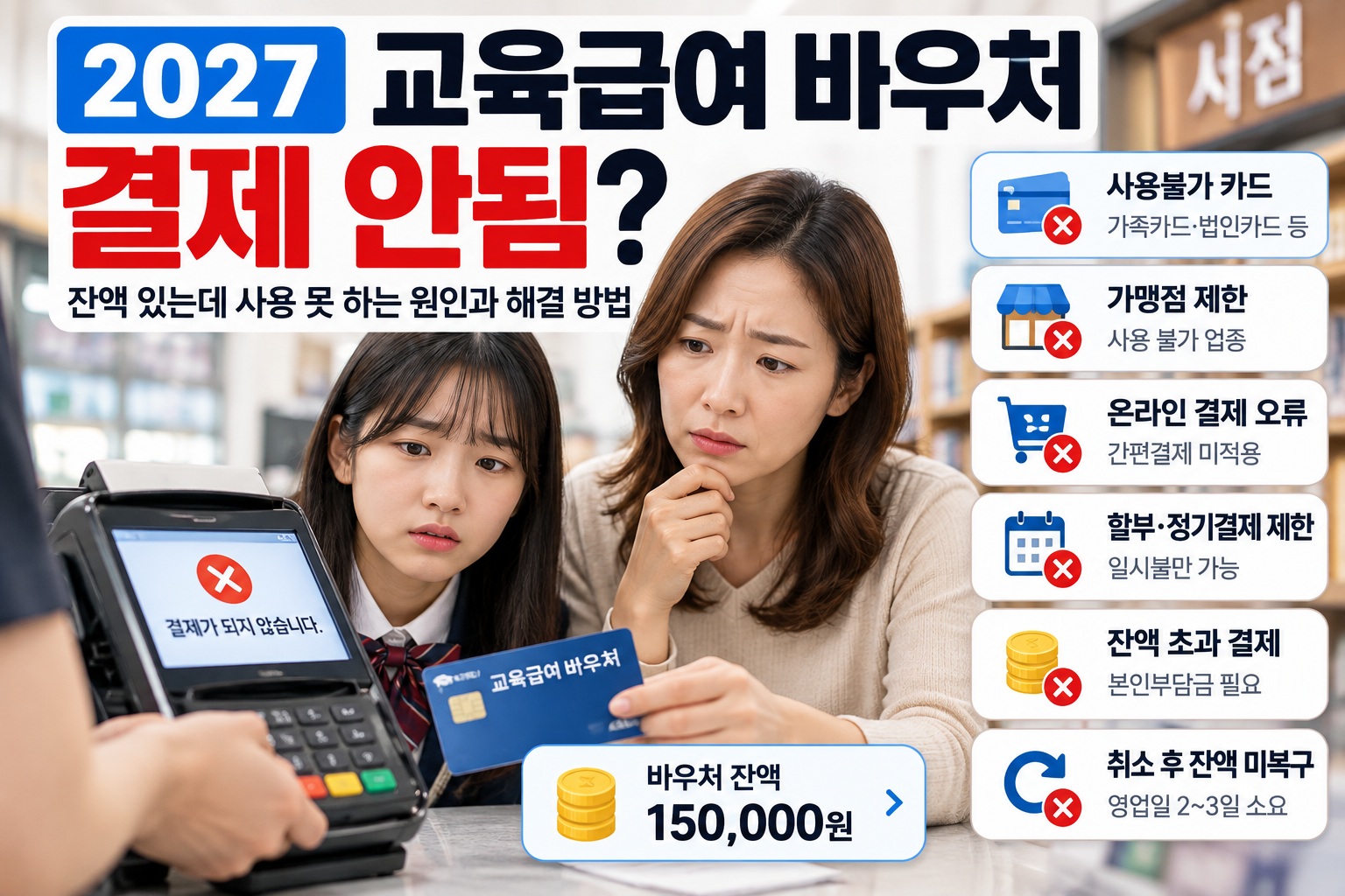 교육급여 바우처 결제 안됨 안내｜바우처 잔액이 남아 있는데도 결제가 거절되어 당황한 한국인 모녀의 모습과 사용불가 카드, 가맹점 제한, 온라인 결제 오류, 취소 후 잔액 복구 등 원인별 해결 방법