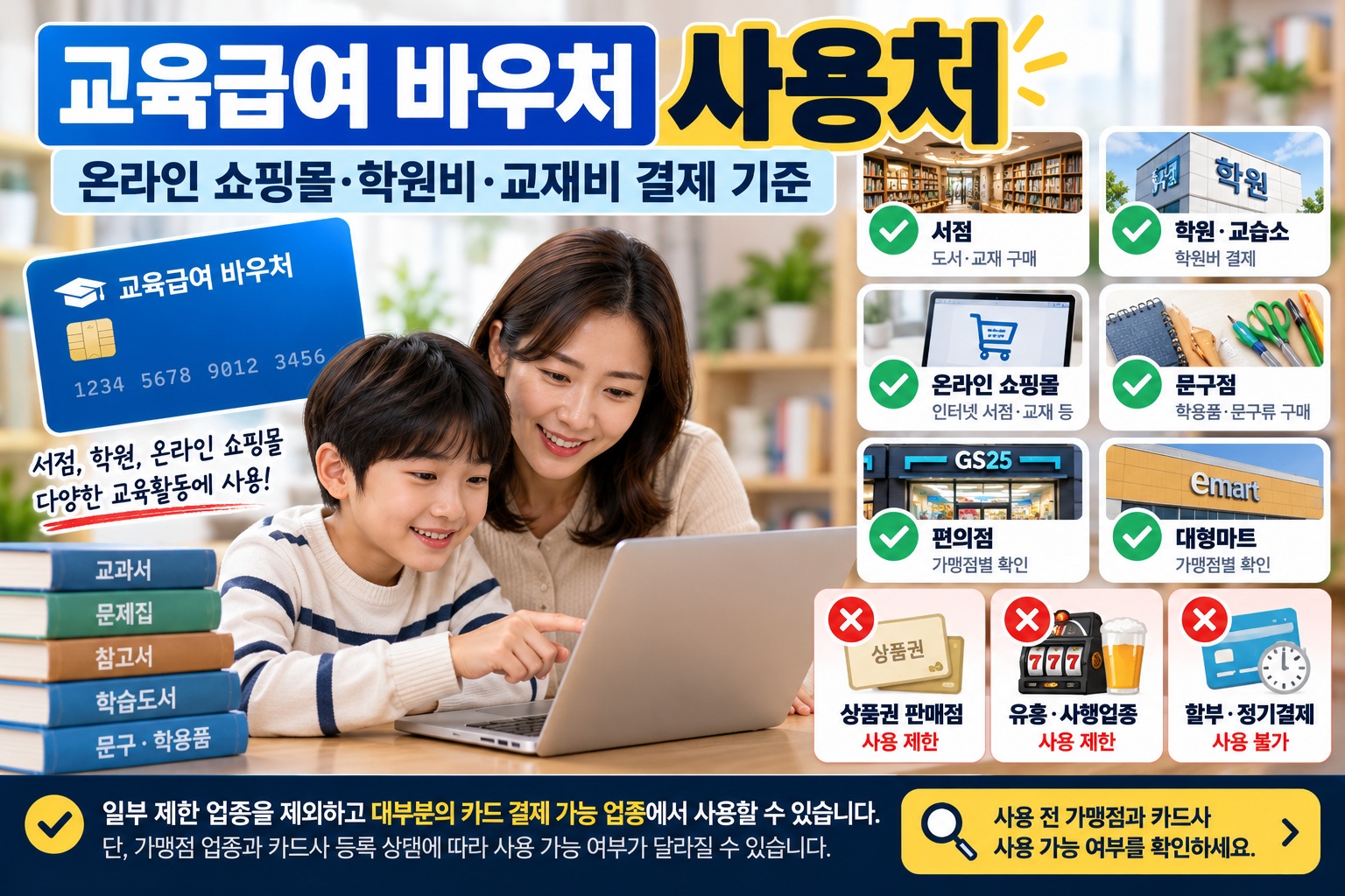 교육급여 바우처 사용처 안내｜한국인 어머니와 자녀가 노트북으로 바우처 사용처를 확인하는 모습과 서점·학원·온라인 쇼핑몰·문구점·편의점·대형마트의 사용 가능 여부, 상품권·유흥업종 등 사용 제한 기준