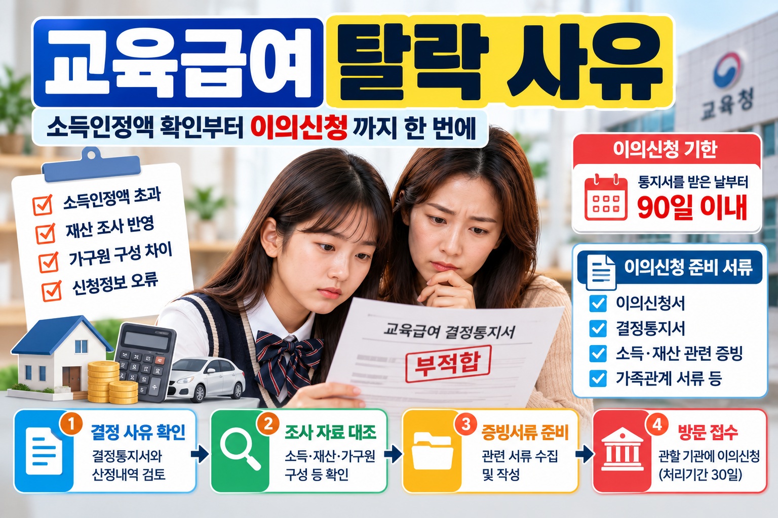 교육급여 탈락 사유와 이의신청 방법 안내｜한국인 어머니와 여학생이 교육급여 부적합 결정통지서를 확인하는 모습, 소득인정액·재산 조사·가구원 구성 확인 및 90일 이내 이의신청 절차
