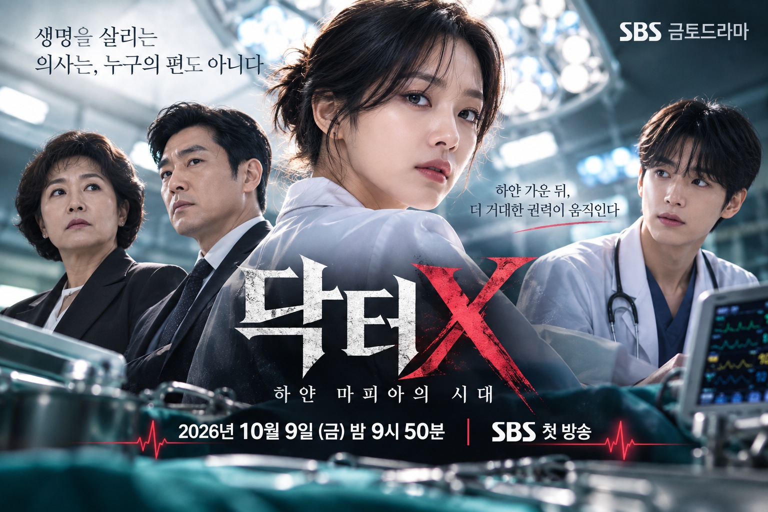 닥터X 몇부작과 SBS 방송시간을 안내하는 수술실 배경의 드라마 대표 이미지